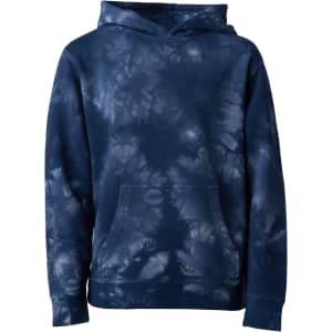 A navy tie-dye pullover hood with a front pocket and a hood. It features a logo on the garment.