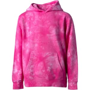 A youth pullover hood in vibrant pink tie-dye pattern with a front pocket and a hood.