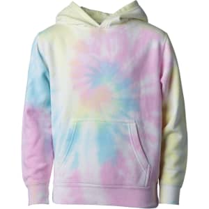 A tie-dye pullover hood in pastel colours, featuring a front pocket and a drawstring hood. It has a logo.