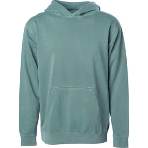 A youth pullover hoodie in a faded green colour with a front pocket and a hood. It features a logo on one side.