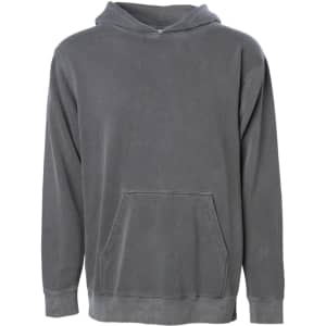 A grey pullover hoodie with a front pocket and a hood. It features a logo on the garment.