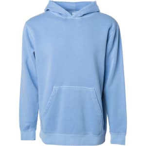 A light blue youth pullover with a hood and a front pocket, featuring a small logo on the chest.