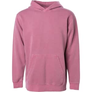 A pink youth pullover hoodie with a front pocket and a drawstring hood, featuring a logo.