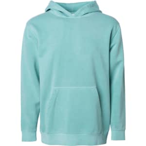 A youth pullover hoodie in a soft turquoise colour featuring a front pocket and a classic hood.