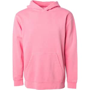 A pink pullover hoodie with a front pocket and a hood, featuring a logo.