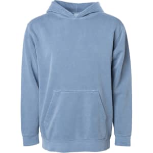 A blue pigment dye pullover with a hood and front pocket, featuring a simple design and relaxed fit.