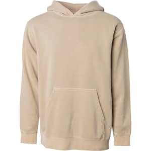 A beige youth pullover hoodie featuring a front pocket and a hood. The item has a logo on it.