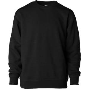 A black crew neck sweatshirt with long sleeves, featuring a logo on the front.