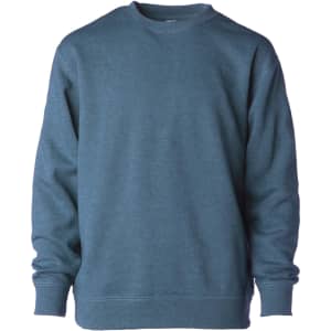 A crew neck sweatshirt in a muted blue colour. It has long sleeves and minimal design, featuring a logo.