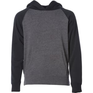 A hoodie featuring a grey body with black sleeves, showcasing a front pouch pocket and a logo on the label.