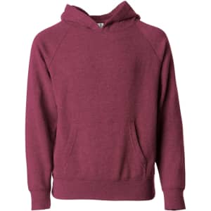 A maroon hoodie with a front pocket and a hood, featuring raglan sleeves and a simple design.