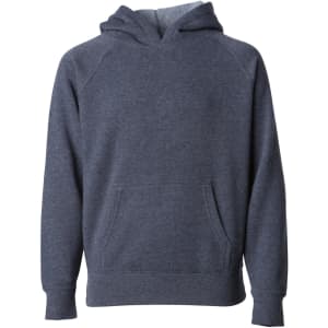 A navy blue hoodie with a front pocket and a relaxed fit. It features a double-lined hood and raglan sleeves.