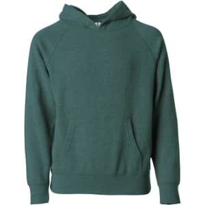 A green hoodie featuring a kangaroo pouch and a hood, with raglan sleeves and a logo.