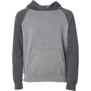 A grey and dark grey raglan hoodie featuring a front pocket and a hood. The item has a simple, casual design.