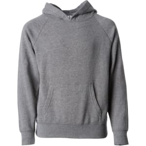 A grey hoodie with a front pouch pocket and a drawstring hood. It features raglan sleeves and a minimalistic design.