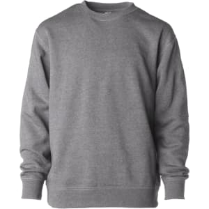 A grey crew neck sweatshirt with long sleeves and a relaxed fit. It features a simple design and has a logo on it.