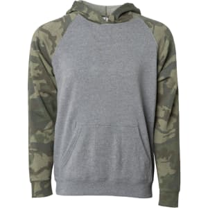 A hoodie featuring a grey body and camouflage-patterned sleeves, with a front pocket and a drawstring hood.
