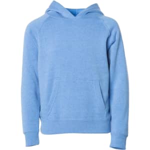 A blue hoodie with a front pocket and a hood, featuring a logo on the front.