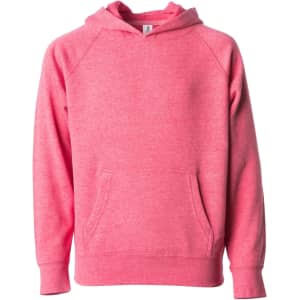 A pink hoodie with a front pocket and a drawstring hood, featuring raglan sleeves and no visible branding.
