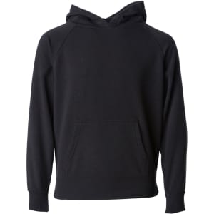 A black hooded sweatshirt with a front pocket and raglan sleeves, featuring a simple design with no visible branding.