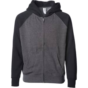 A zip-up hoodie featuring a grey body and black sleeves, with a front pocket and a hood. It has a logo on the label.