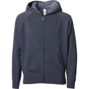A zip-up hooded sweatshirt in dark grey with front pockets. It features a hood and a relaxed fit.