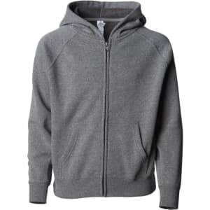 A grey zip-up hoodie with a hood, featuring a front zip and two side pockets. It has a branding logo.