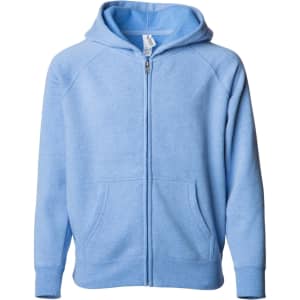 A light blue zip-up hooded sweatshirt with a front pocket and a logo on the label inside.