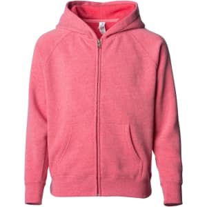 A pink zip hooded sweatshirt featuring a front zip closure and pockets, with a hood and a branding logo.