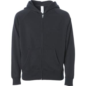 A black zip-up hoodie featuring a hood and front pockets, showcasing a simple, classic design with a logo.