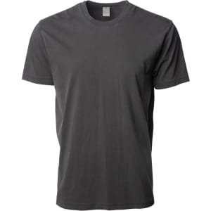 A grey Premium Pigment Dye T-Shirt with a classic crew neck and short sleeves. The shirt features a logo.