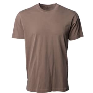 A premium pigment dye t-shirt in a muted brown colour, featuring a round neckline and short sleeves. It has a logo.