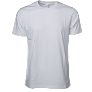 A white premium pigment dye T-shirt displayed flat. The shirt has short sleeves and a crew neck, with a logo on the label.