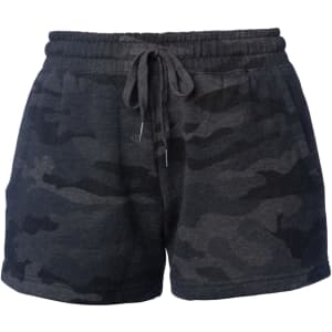 A pair of women's sweatshorts in a dark grey camouflage pattern with an elastic waistband and drawstring.