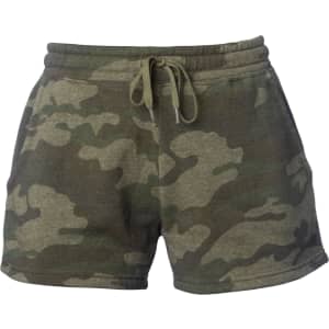A pair of women's sweatshorts in a camouflage pattern, featuring an elastic waistband with a drawstring.