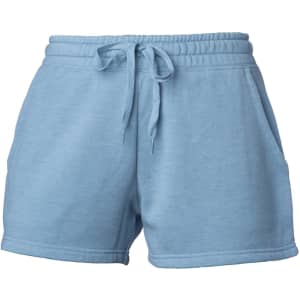 Blue women's sweatshorts with an elastic waistband and pockets, featuring a simple design and a logo.
