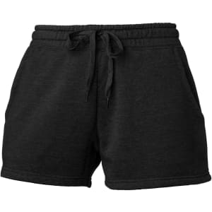 A pair of black sweatshorts with a drawstring waist and two side pockets. Features a logo on the waistband.