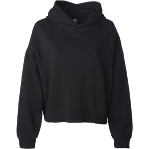 A black cropped hoodie with a hood and long sleeves. It has a relaxed fit and features branding.