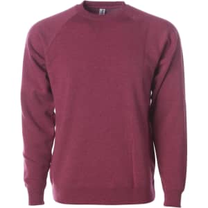 A maroon unisex sweatshirt with raglan sleeves and a crew neck. It features branding on the interior label.