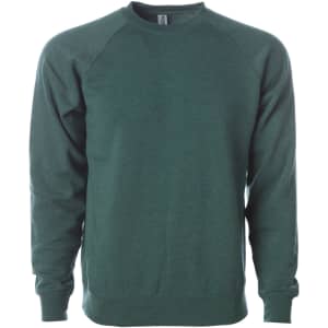 A unisex crew sweatshirt in dark green with raglan sleeves. It features a logo on the front.