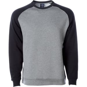 A unisex crew sweatshirt featuring a grey body and black raglan sleeves. It has a brand logo on the label.