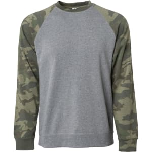A unisex crew sweatshirt featuring a grey body with camouflage patterned sleeves. It has a logo on the front.