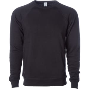 A black unisex crew sweatshirt with raglan sleeves and a branded tag in the neckline.