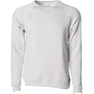 A unisex crew sweatshirt in light grey, featuring a simple design and a logo on the label.