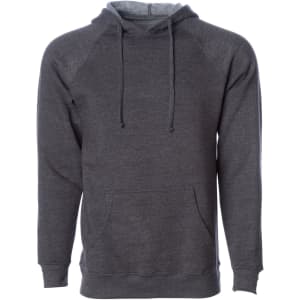 A unisex pullover hoodie in a dark grey colour, featuring a front pocket and a drawstring hood.