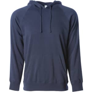 A navy unisex pullover hoodie with a kangaroo pocket and a hood, featuring raglan sleeves and a logo.