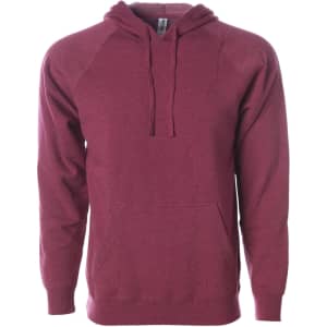 A unisex maroon pullover hoodie with a front pocket and an attached hood. It features a logo on the label.