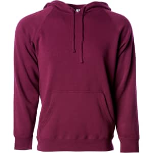 A maroon unisex pullover hoodie with a front pocket and a hood, featuring a logo on the chest.