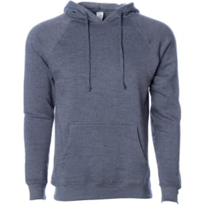 A grey unisex pullover in a soft fabric with a hood and front pocket, featuring a logo.