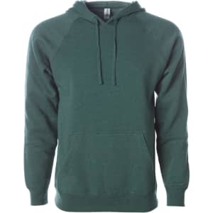 A unisex pullover hoodie in dark green with a front pocket and a hood, featuring a logo.